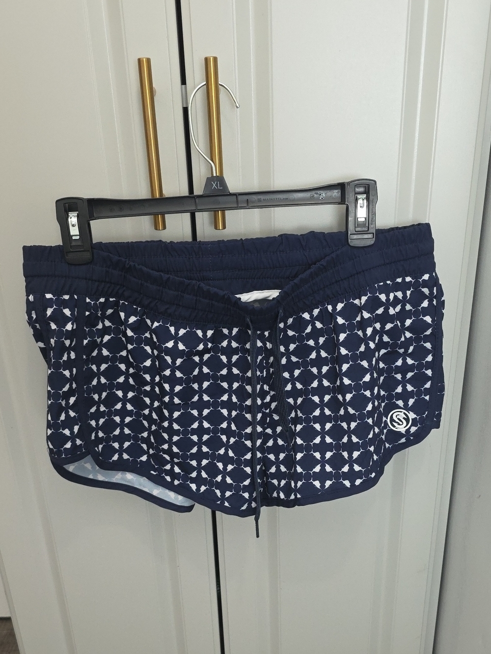 Women’s Navy Patterned Athletic Shorts with Drawstring Waist